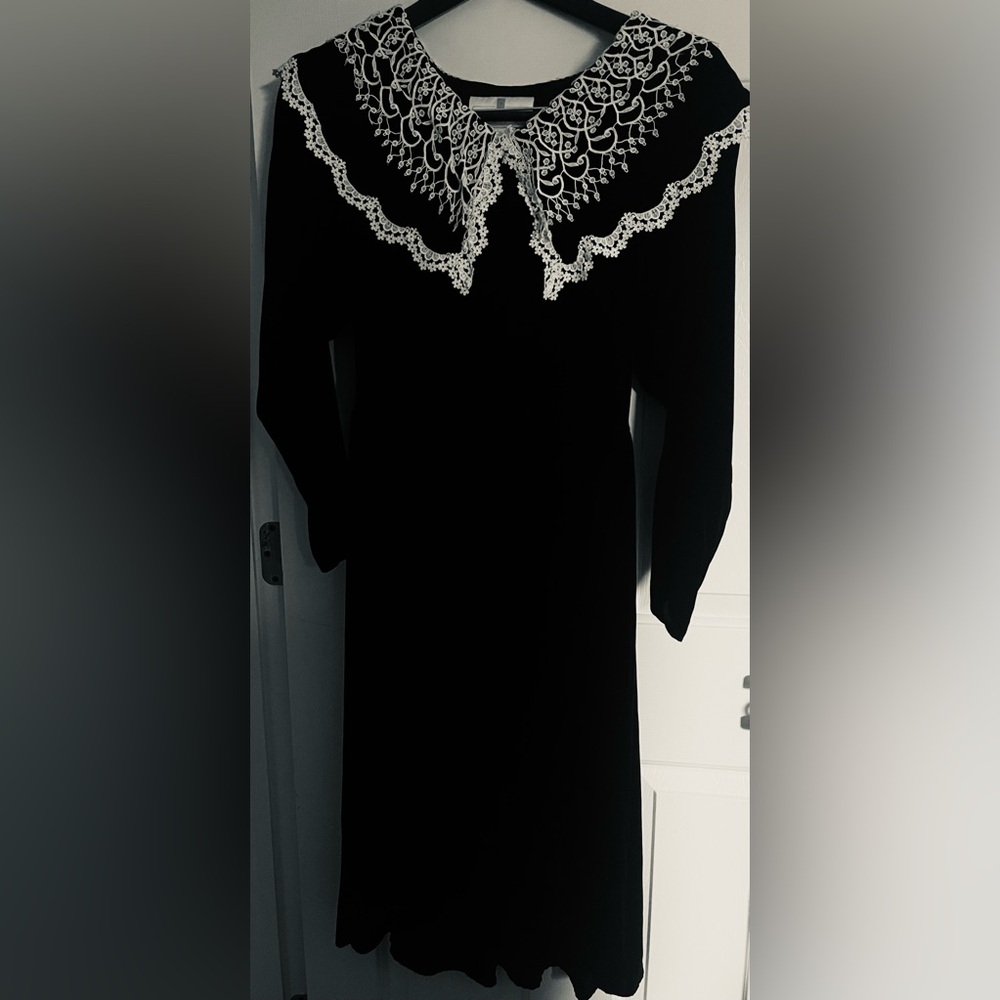 Jessica McClintock Dress Vintage Black Velvet Long Sleeve Peter Pan Lace Collar